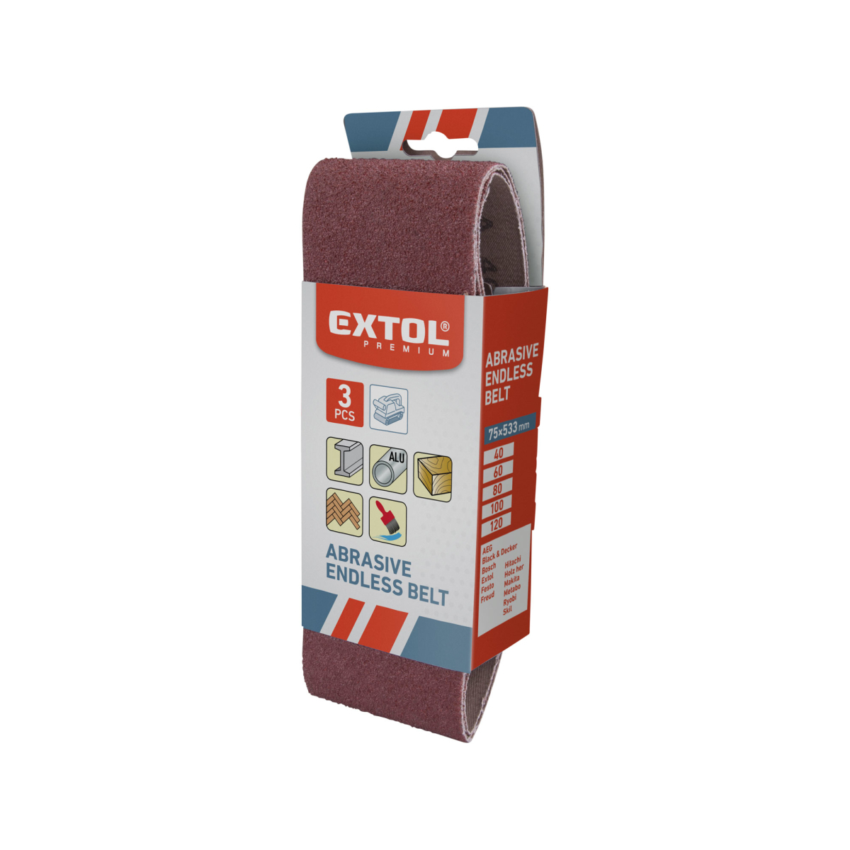 EXTOL PREMIUM Plátno brusné nekonečný pás 75x533mm, zr. P40 - 3 ks 8803524