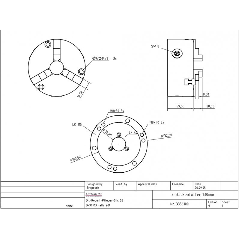 OPTIMUM 3-čeľusťové skľučovadlo 125 mm pre RT 150 3356100
