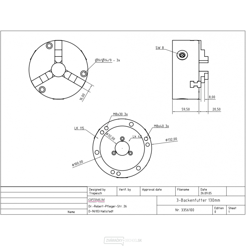 3-čelisťové skľučovadlo 125 mm pre RT 150
