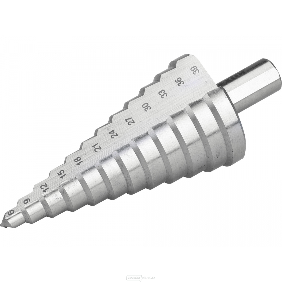 Vrták stupňovitý, ∅ 6-39mm, stupňování po 3mm, 12 otvorů, stopka ∅ 12mm, dĺžka 101mm, HSS Vrták stupňovitý, ∅ 6-39mm, stupňování po 3mm, 12 otvorů, stopka ∅ 12mm, dĺžka 101mm, HSS gallery main image