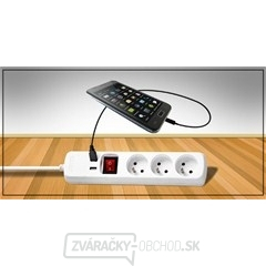 Solight predlžovací kábel, 3 zásuvky, 2x USB výstup, biely, vypínač, 2m gallery main image