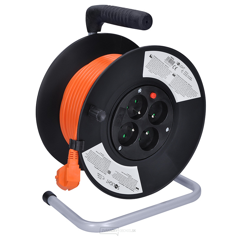Solight predlžovací kábel na bubne, 4 zásuvky, oranžový kábel, čierny bubon, 20m