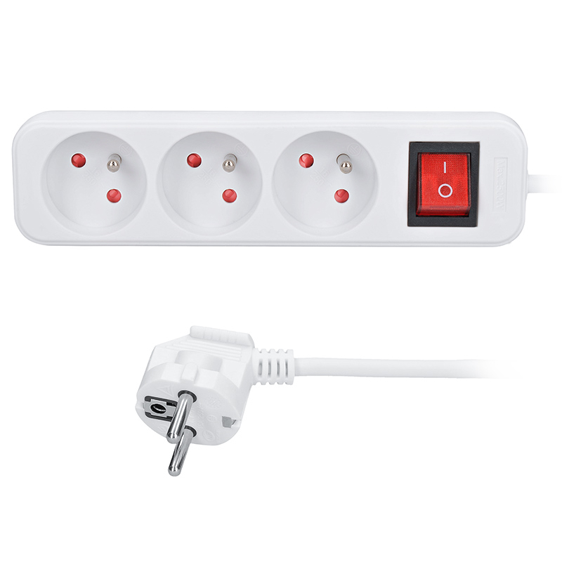 Solight predlžovací kábel, 3 zásuvky, biely, vypínač, 1,5m