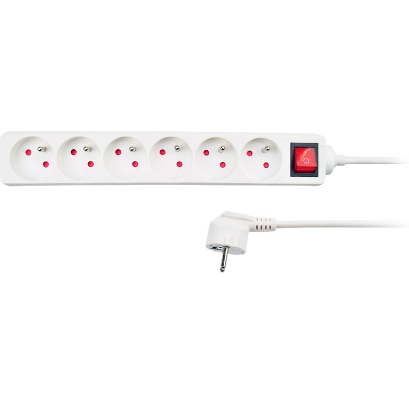 Solight predlžovací kábel, 6 zásuviek, biely, vypínač, 2m
