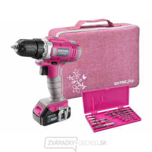 Aku vŕtací skrutkovač, ružový, 12V Li-ion, 1300mAh - sada v taške Aku vŕtací skrutkovač, ružový, 12V Li-ion, 1300mAh - sada v taške gallery main image