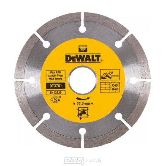 DT3701 Diamantový kotúč zo spekaných karbidov 115x22,2 mm na suché rezanie betónu a tehál DeWALT