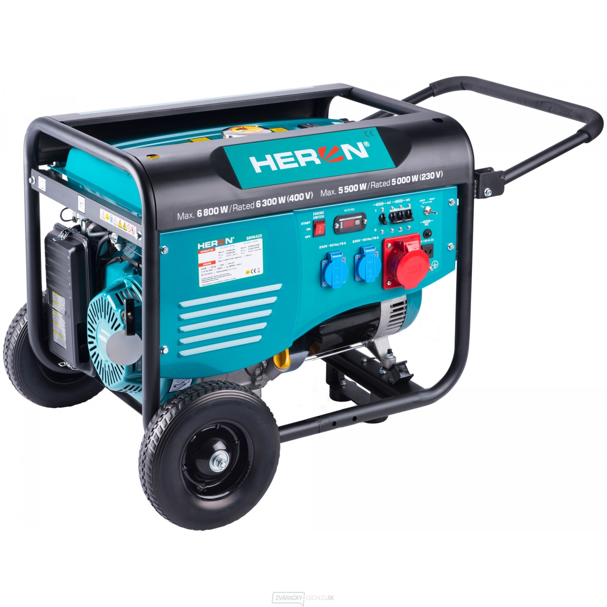 Elektrocentrála benzínová HERON 15HP/6,8kW (400V), 5,5 kW (230V), podvozok