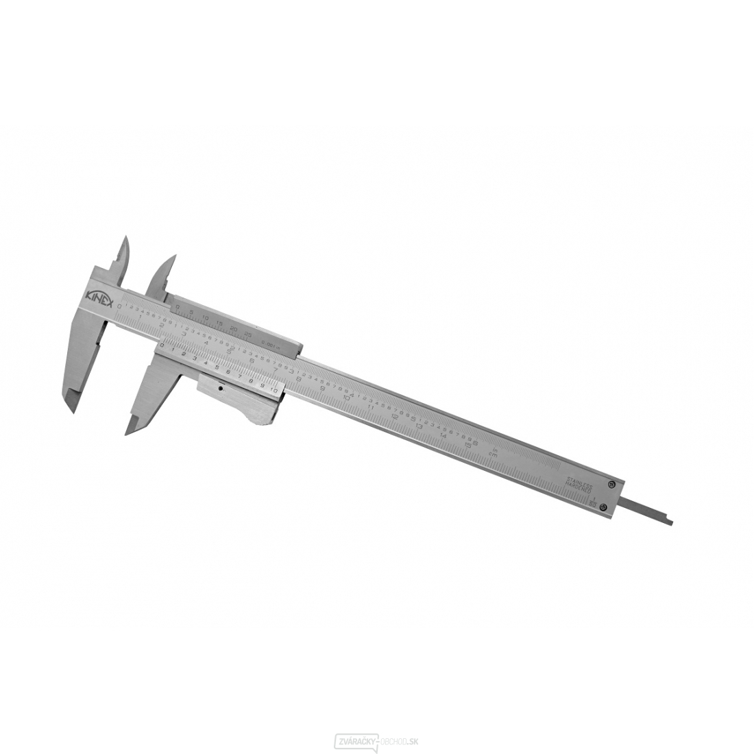 Posuvné meradlo KINEX 150 mm, 0,02 mm, aretácia tlačidlom, mm+inch, monoblok, ČSN 25 1238, DIN 862