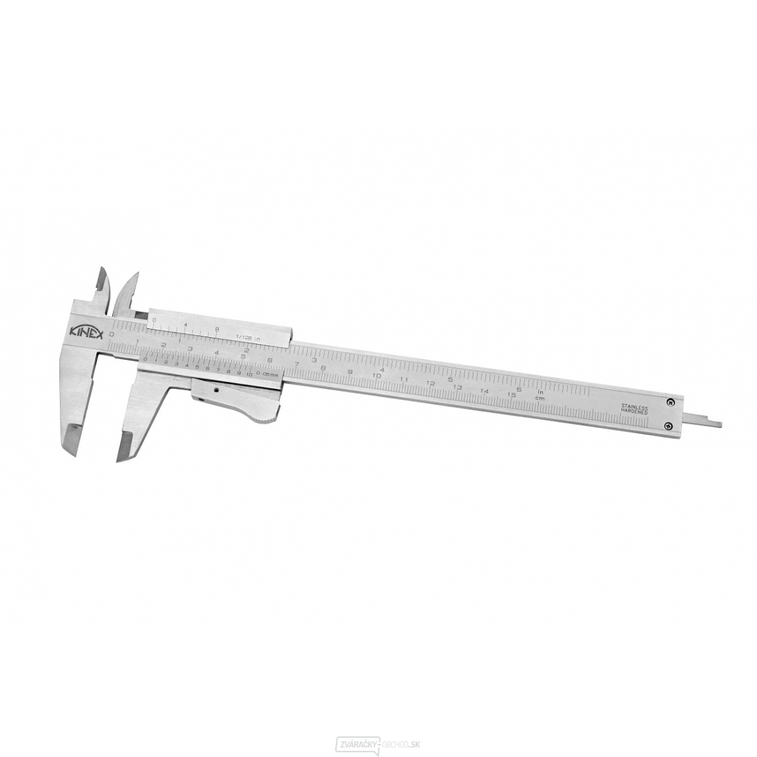Posuvné meradlo KINEX 150 mm, 0,05 mm, aretácia tlačidlom, mm+inch, monoblok, ČSN 25 1238, DIN 862