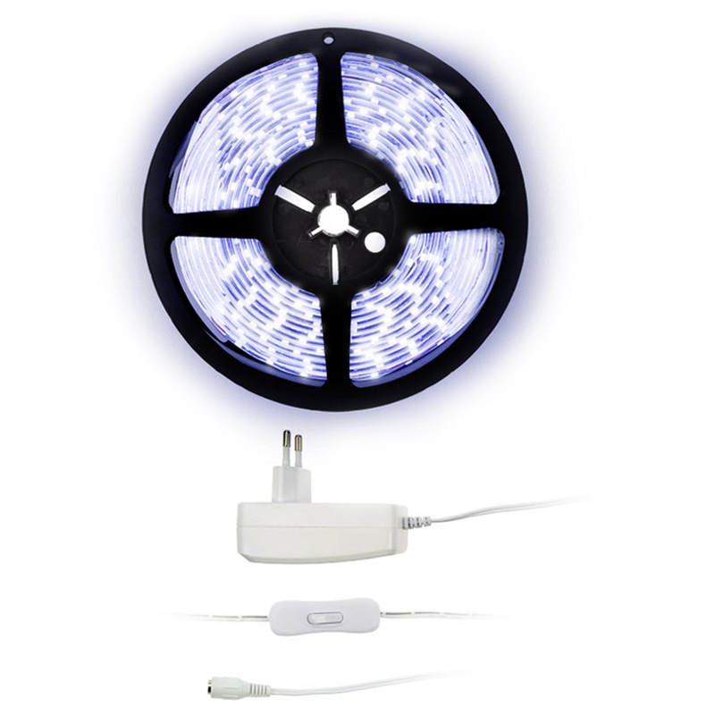 Solight LED svetelný pás s tester, 5m, sada s 12V adaptérom, 4,8W/m, IP65, studená biela