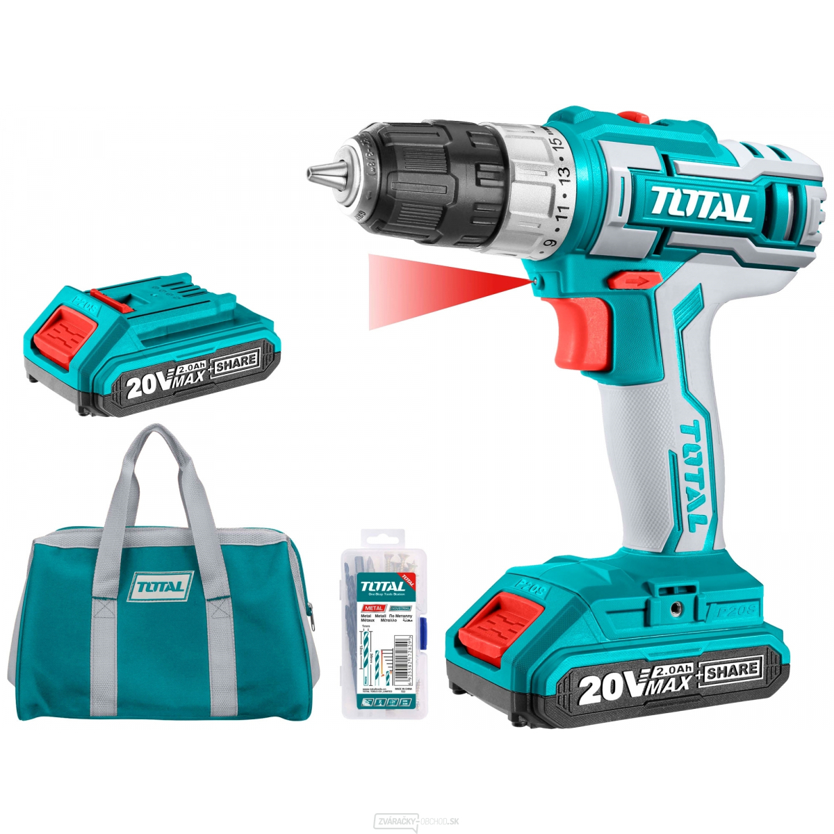 Vŕtací skrutkovač aku, 20V Li-ion (2x), 2000mAh, v taške, súprava 47 ks