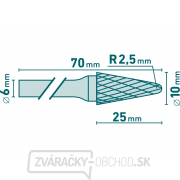 Fréza karbidová, kónická zaguľatená (R 2,5mm), pr.10x25mm/stopka 6mm, sek stredná (double-cut) Náhľad