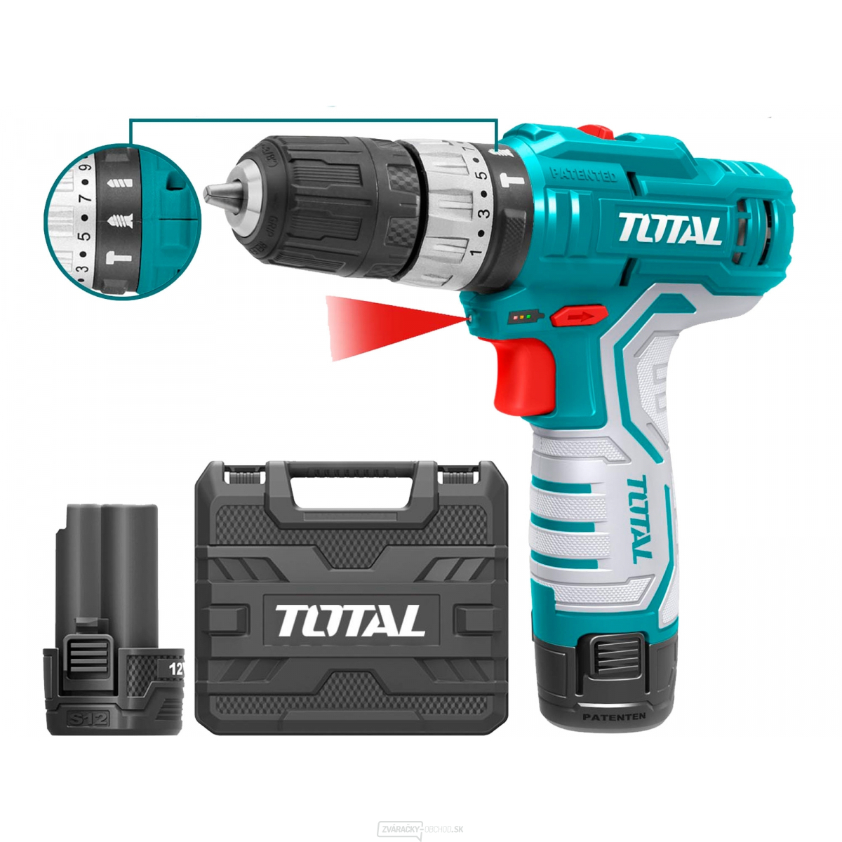 Aku vŕtací skrutkovač s príklepom TOTAL, 12V Li-ion (2x), 1500mAh
