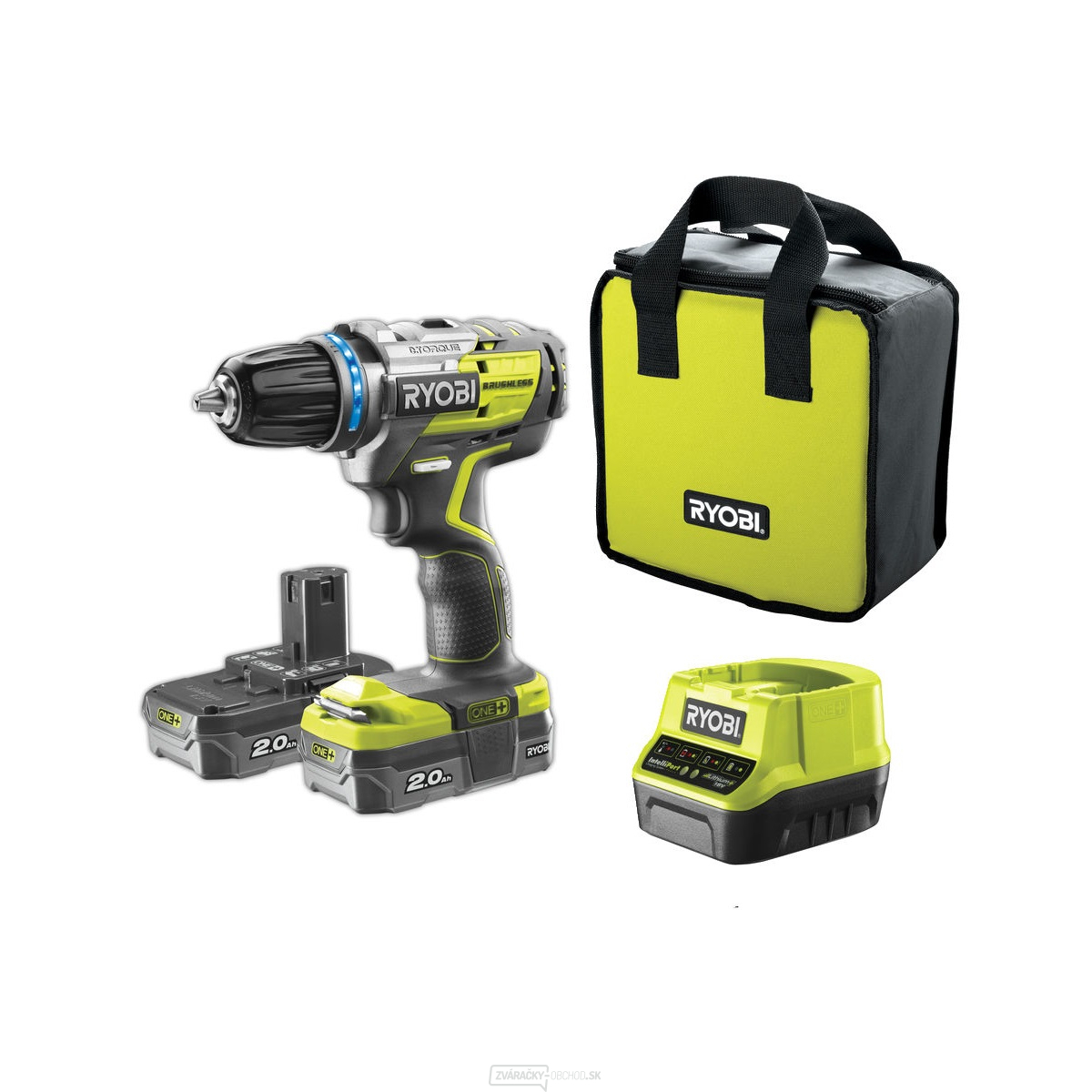 Ryobi R18DDBL-220S 18V bezkomutátorový vŕtací skrutkovač + 2x 2,0 Ah batéria + nabíjačka ONE +