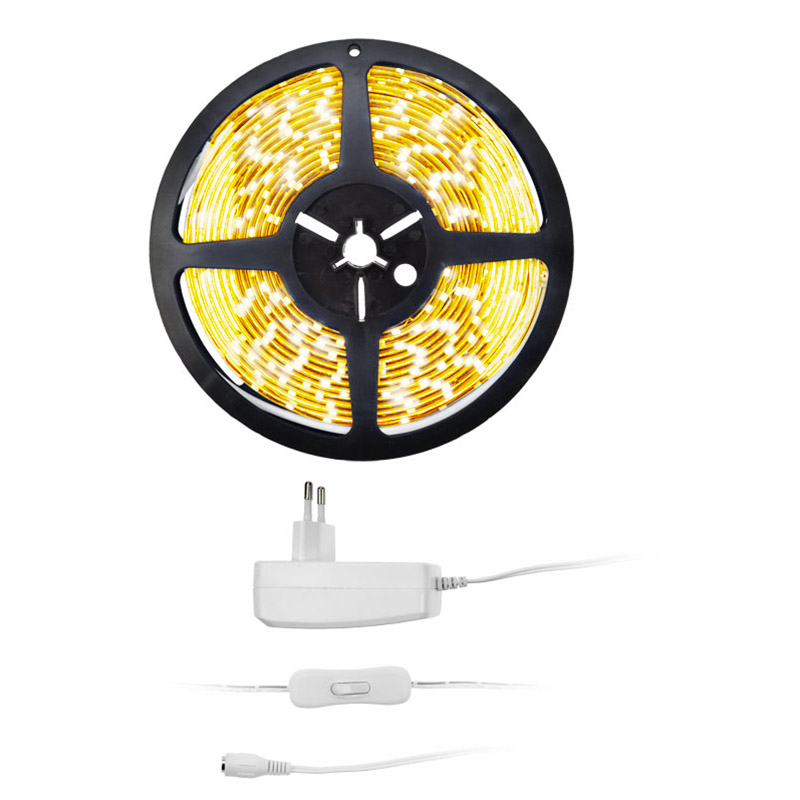 Solight LED svetelný pás s tester, 5m, sada s 12V adaptérom, 4,8W/m, IP65, teplá biela