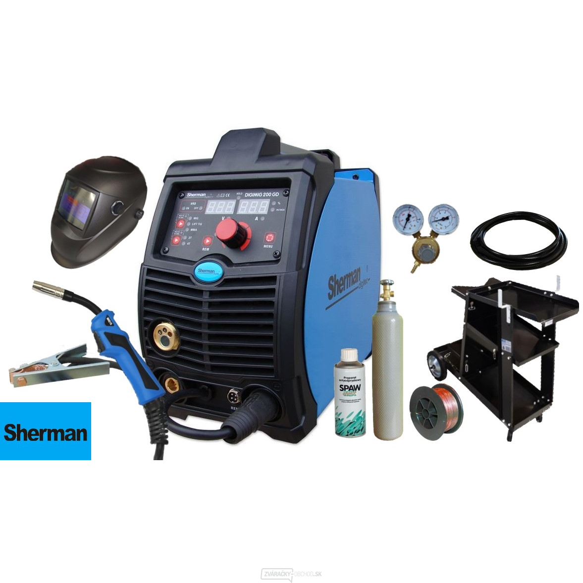 Sherman DIGIMIG 200 GD Synergy + Horák + Zemniaci kábel + Redukčný ventil + Samostmievacia kukla + Drôt + Vozík + Plná fľaša