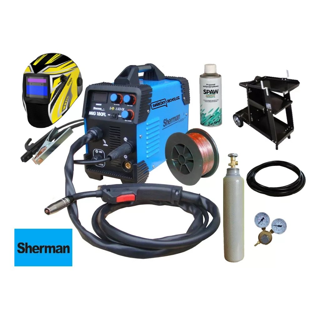 Sherman Zvárací Invertor MIG 180FL + Horák + káble + kukla + redukčný ventil + vozík + drôt + sprej + fľaša CO2 PLNÁ