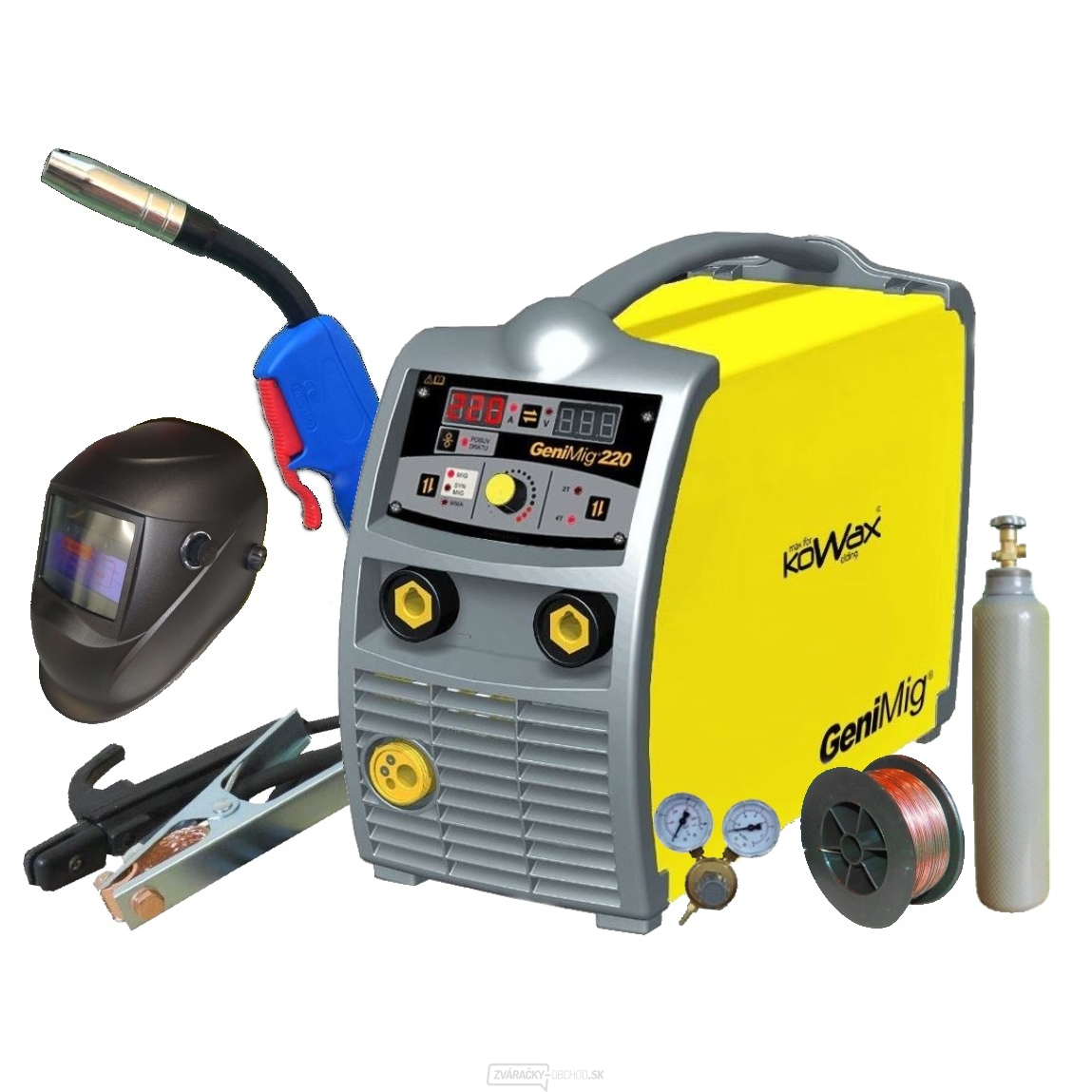 KOWAX GeniMig 220 + Horák + Káble + Ventil + Kukla + Drôt + plná Fľaša CO2