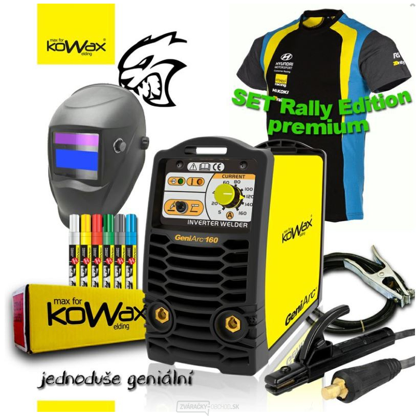 KOWAX® GeniArc®160 Zvárací invertor MMA/TIG RALLY EDITION SET III - 3 Káble + Kukla + Elektródy 2.5mm/2.5kg + Tričko