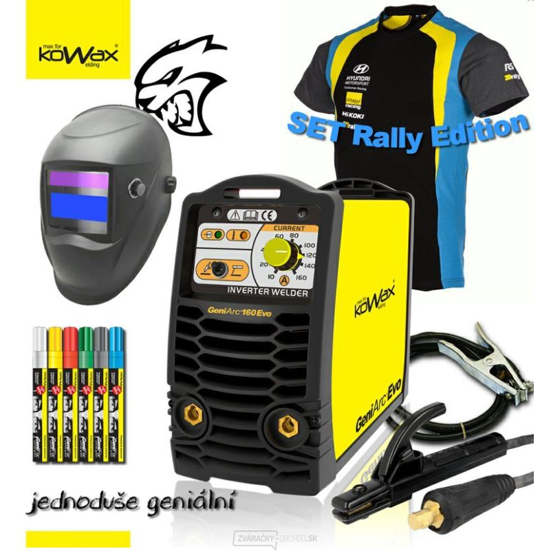 KOWAX® GeniArc® 160 EVO Zvárací invertor MMA/TIG RALLY EDITION SET II - 3m Káble + Kukla + GenFix + Tričko RALLY Bezplatne
