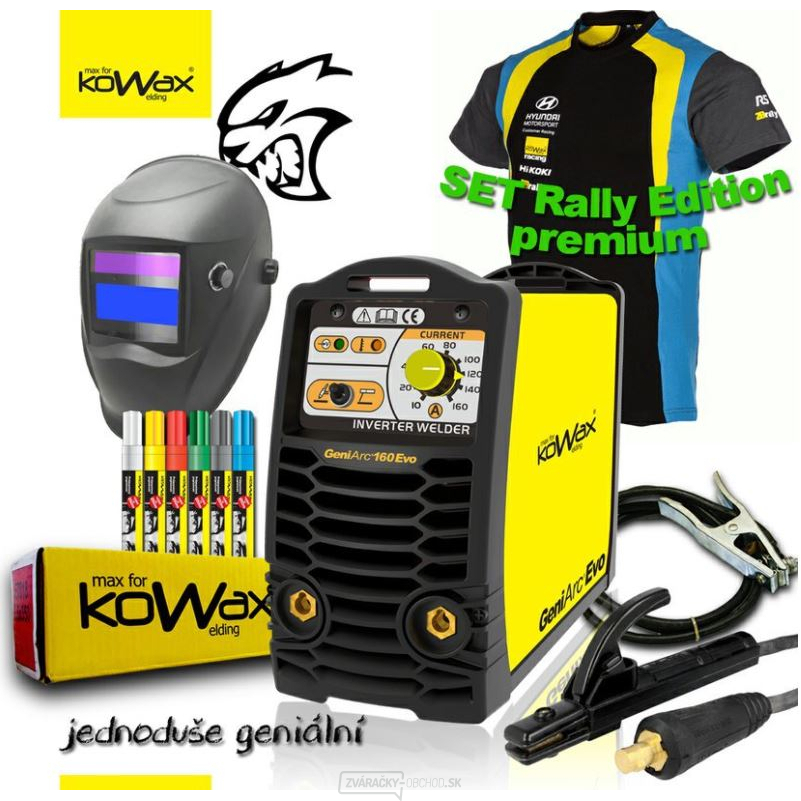 KOWAX® GeniArc® 160 EVO Zvárací invertor MMA/TIG RALLY EDITION SET III - 3m Káble + Kukla + Elektródy 2.5mm/2.5kg