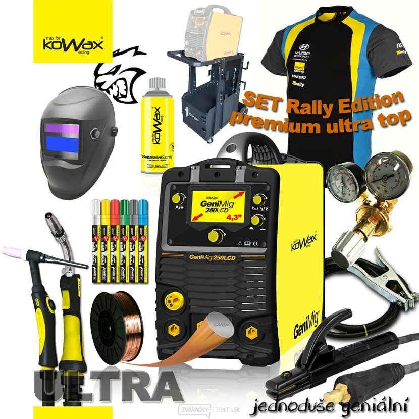 KOWAX GENIMIG 250LCD 4,3 ZVÁRACIE INVERTOR MIG/MAG/MMA/TIG + KÁBLE + 2xHOŘÁK + VENTIL + KUKLA + SPREJ + zvarí. DRÔT + PODVOZOK + TRIČKO gallery main image