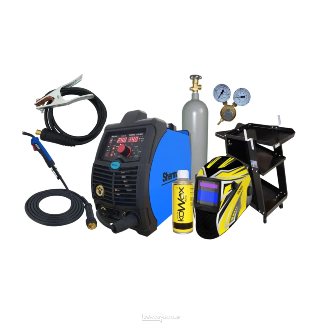SHERMAN INVERTOROVÁ ZVÁRAČKA DIGIMIG 225GDS + HORÁK 3M+ KÁBLE + KUKLA + VENTIL + DRÔT + SPREJ + VOZÍK + plná LAHEV CO2