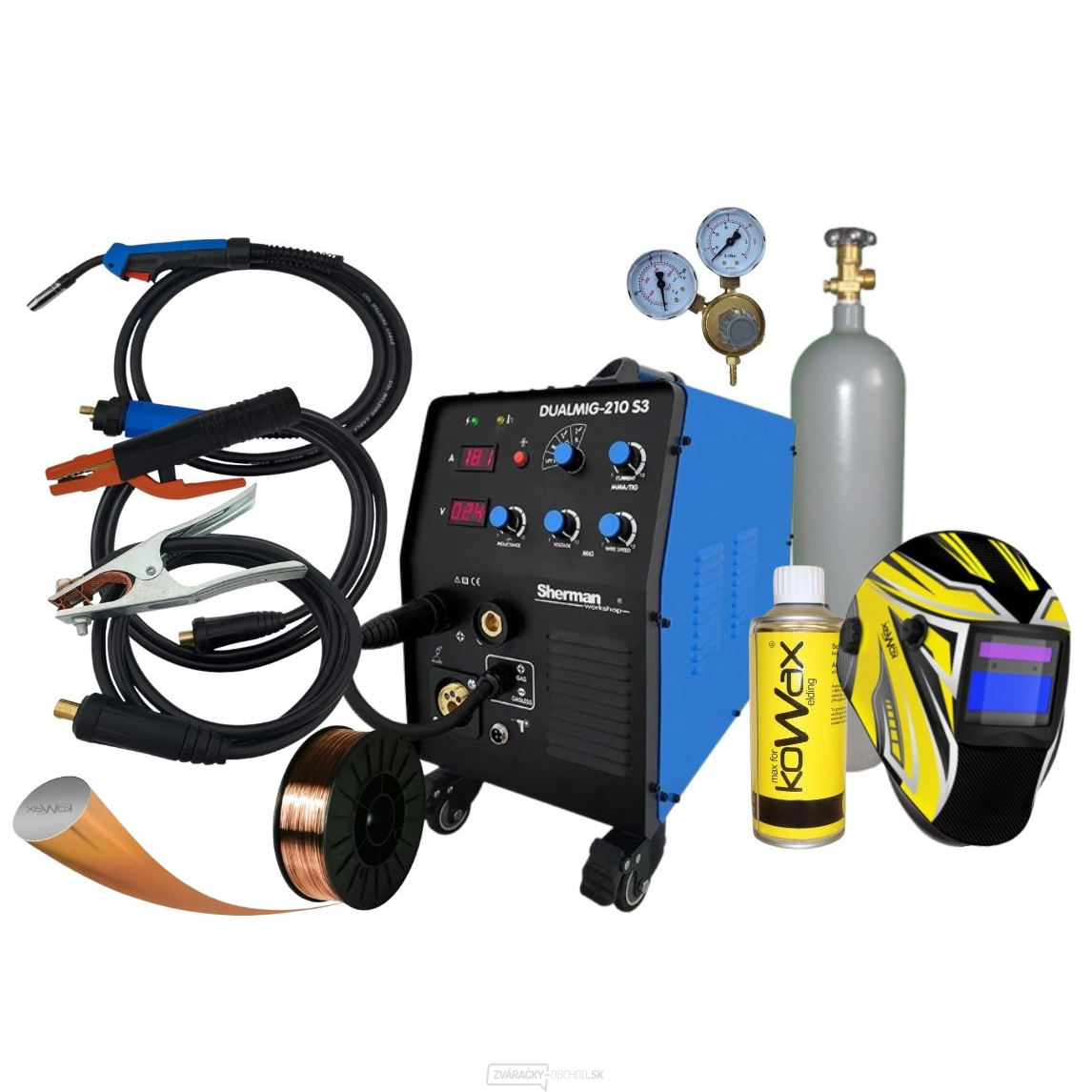 SHERMAN POLOAUTOMATICKÁ ZVÁRAČKA DUALMIG 210 S3 + HORÁK + KÁBLE + KUKLA + VENTIL + DRÔT + SPREJ + plná LAHEV CO2
