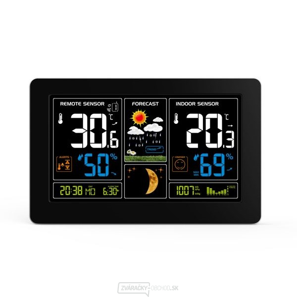 Solight meteostanice, extra veľký farebný LCD, teplota, vlhkosť, tlak, RCC, Usb nabíjanie, čierna