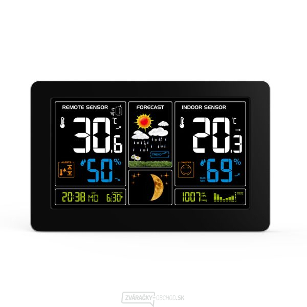 Solight meteostanice, extra veľký farebný LCD, teplota, vlhkosť, tlak, RCC, Usb nabíjanie, čierna