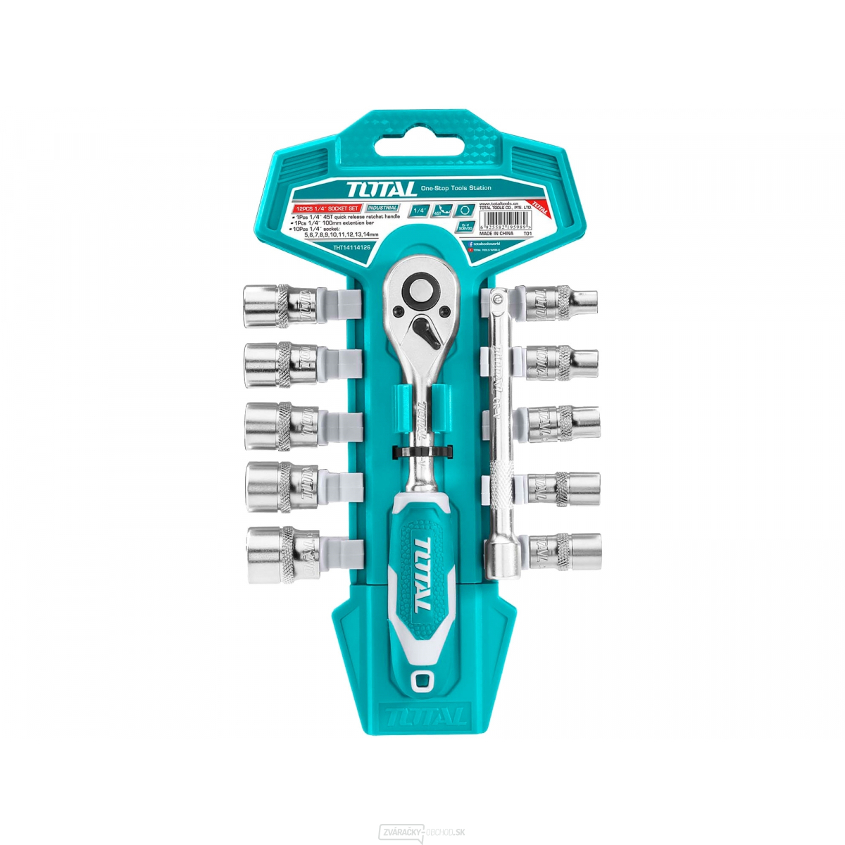 Hlavice nástrčné 1/4", sada 12ks, industrial, 10ks hlavíc 5,6,7,8,9,10,11,12,13,14mm, 1ks nadstavce 100mm, 1ks račňa 45