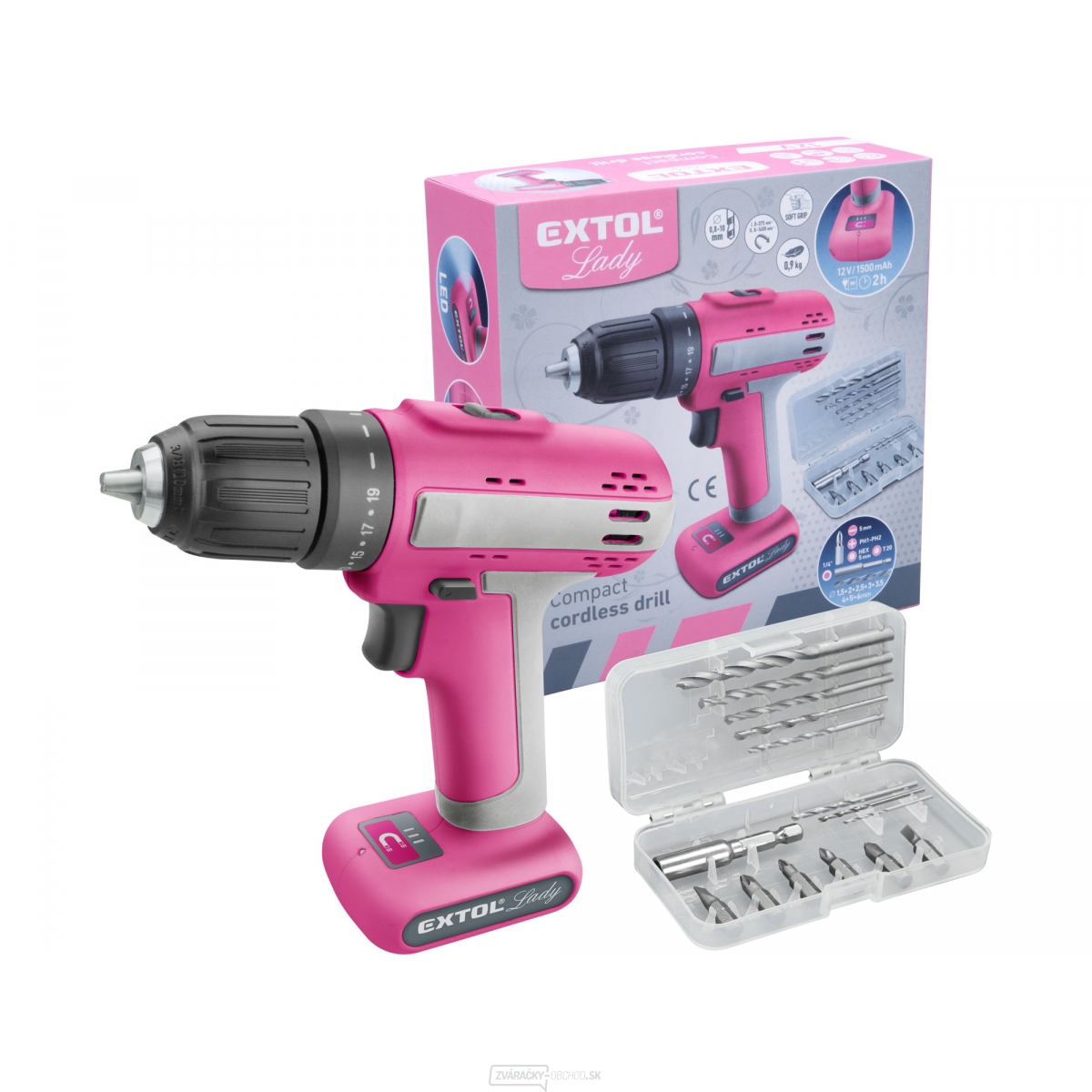 Aku vŕtací skrutkovač ružový EXTOL 12V Li-ion, 1500mAh