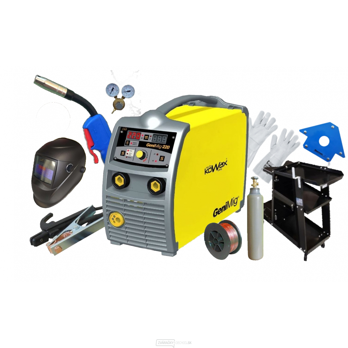 KOWAX GeniMig 220 MIG/MAG, MMA + Horák + Káble + Ventil + Kukla + Vozík + Drôt + Magnet + Rukavice + plná fľaša CO2 gallery main image