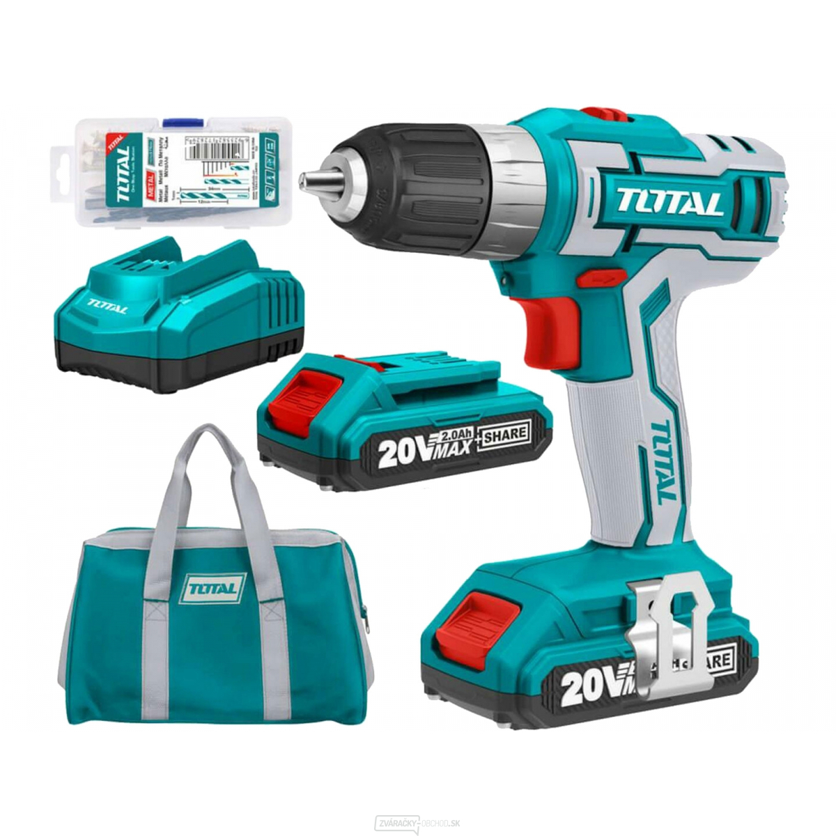 Aku vŕtací skrutkovač TOTAL 20V Li-ion, 2000mAh, industrial