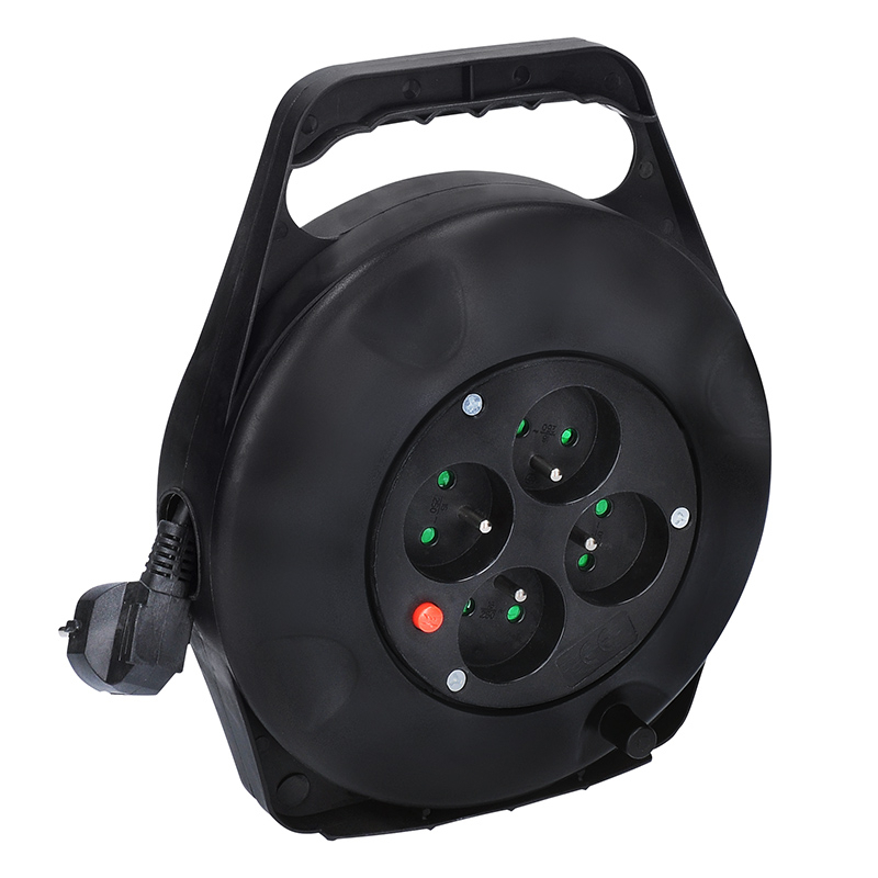 Solight predlžovací prívod na bubne, 4 zásuvky, 10m, čierny kábel, 3x 1,0mm2