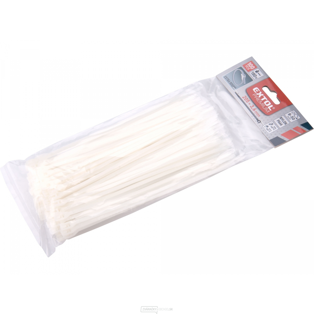 Pásky sťahovacie na káble EXTRA, biele, 205x3,6mm, 100ks, nylon PA66