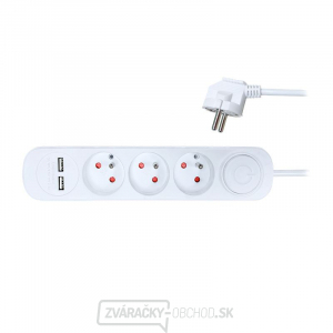 Solight predlžovací prívod, 3 zásuvky, USB 2.4A, biely, 3 x 1mm2, vypínač, 2m