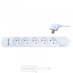 Solight predlžovací prívod, 5 zásuviek, USB 2.4A, biely, 3 x 1mm2, vypínač, 2m