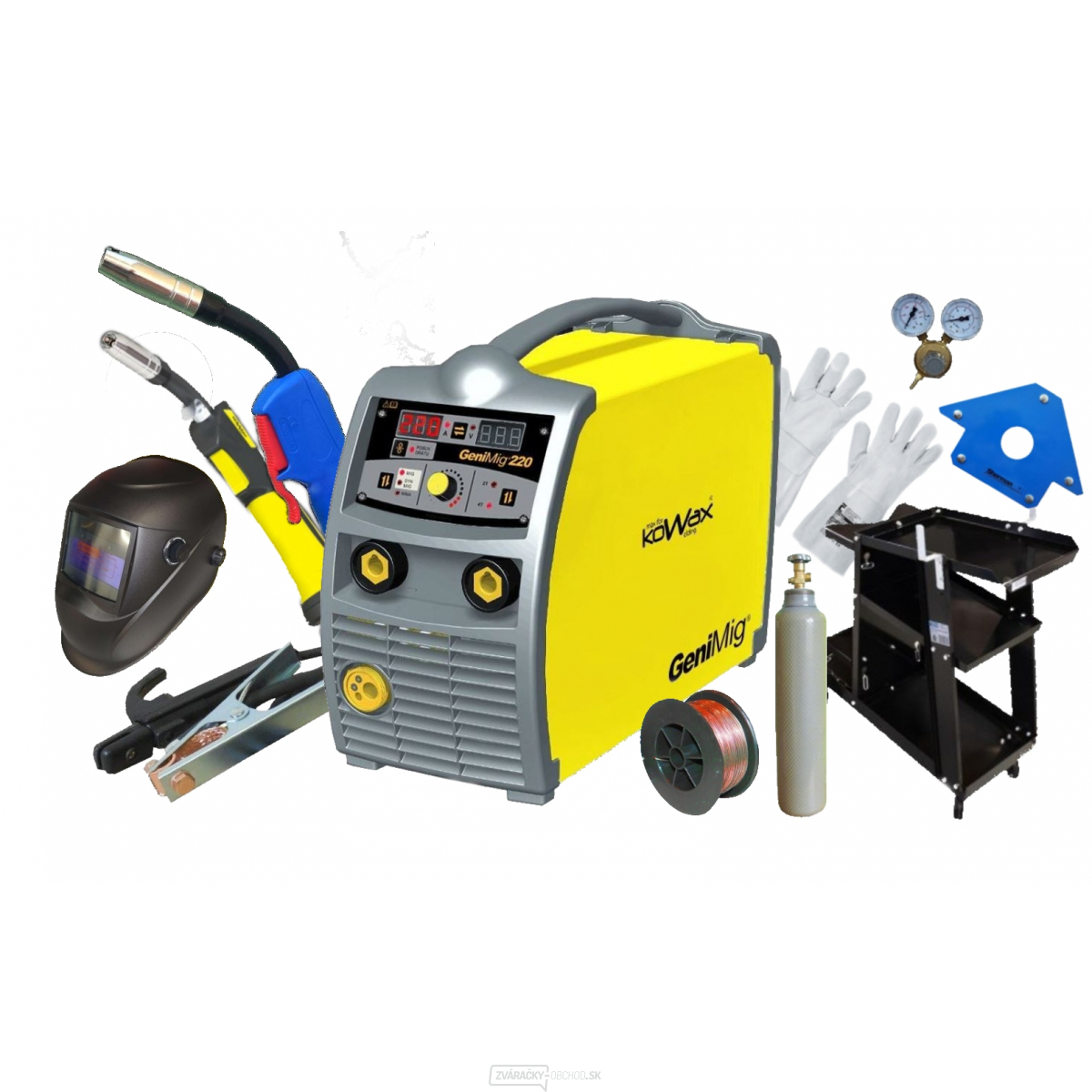 KOWAX GeniMig 220 MIG/MAG, MMA + Horák Ultra 4m + Káble + Ventil + Kukla + Vozík + Drôt + Magnet + Rukavice + Plná Fľaša