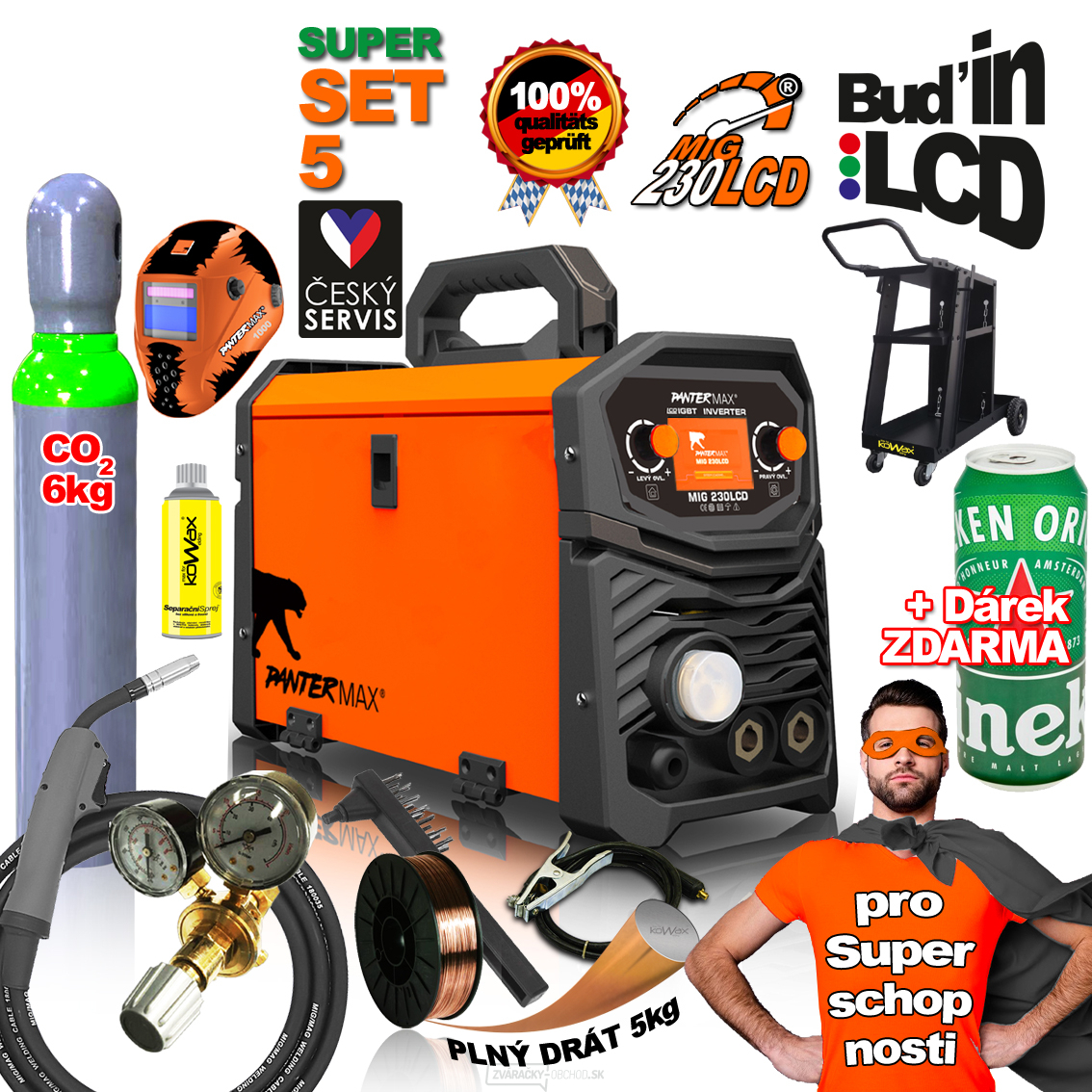 PANTERMAX MIG230LCD invertorová zváračka MIG/TIG/MMA + Kukla + Red Ventil + Drôt 5kg + plná Co2 Fľaša + Podvozok + Horá