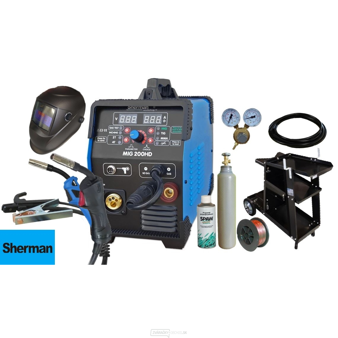 Sherman MIG 200 HD + Káble + Horák 3m + Horák 4m + Drôt + Sprej + Kukla + Vozík + Ventil + plná Fľaša CO2