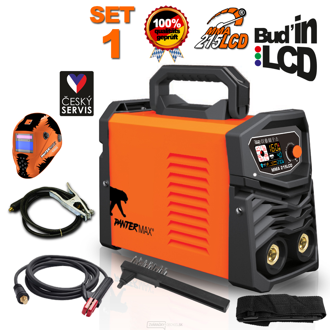 PANTERMAX MMA215LCD invertorová zváračka MMA/TIG + Káble + Kukla + Kefa + Popruh