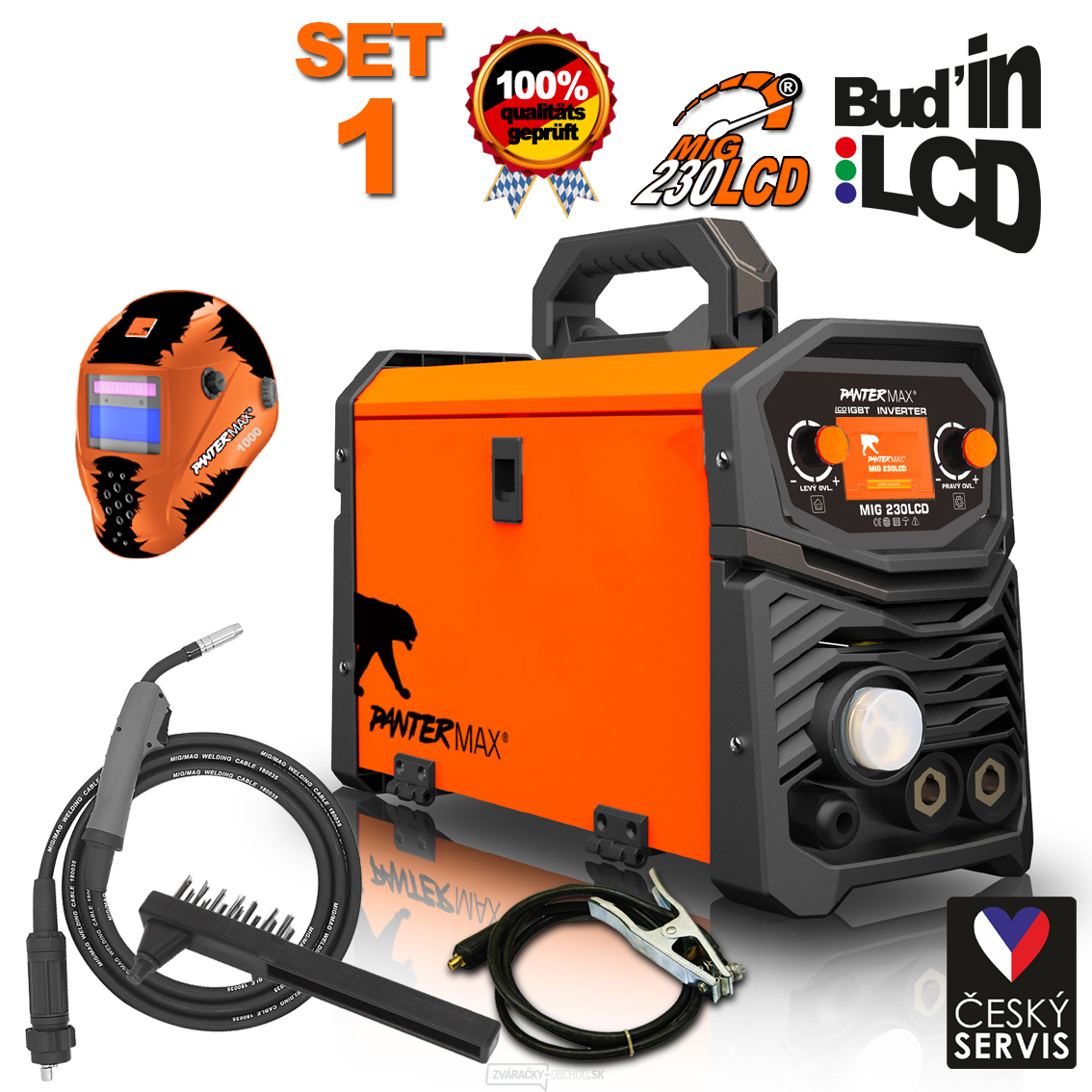 PANTERMAX MIG230LCD invertorová zváračka MIG/TIG/MMA + Káble + Horák + Kukla + Kefa