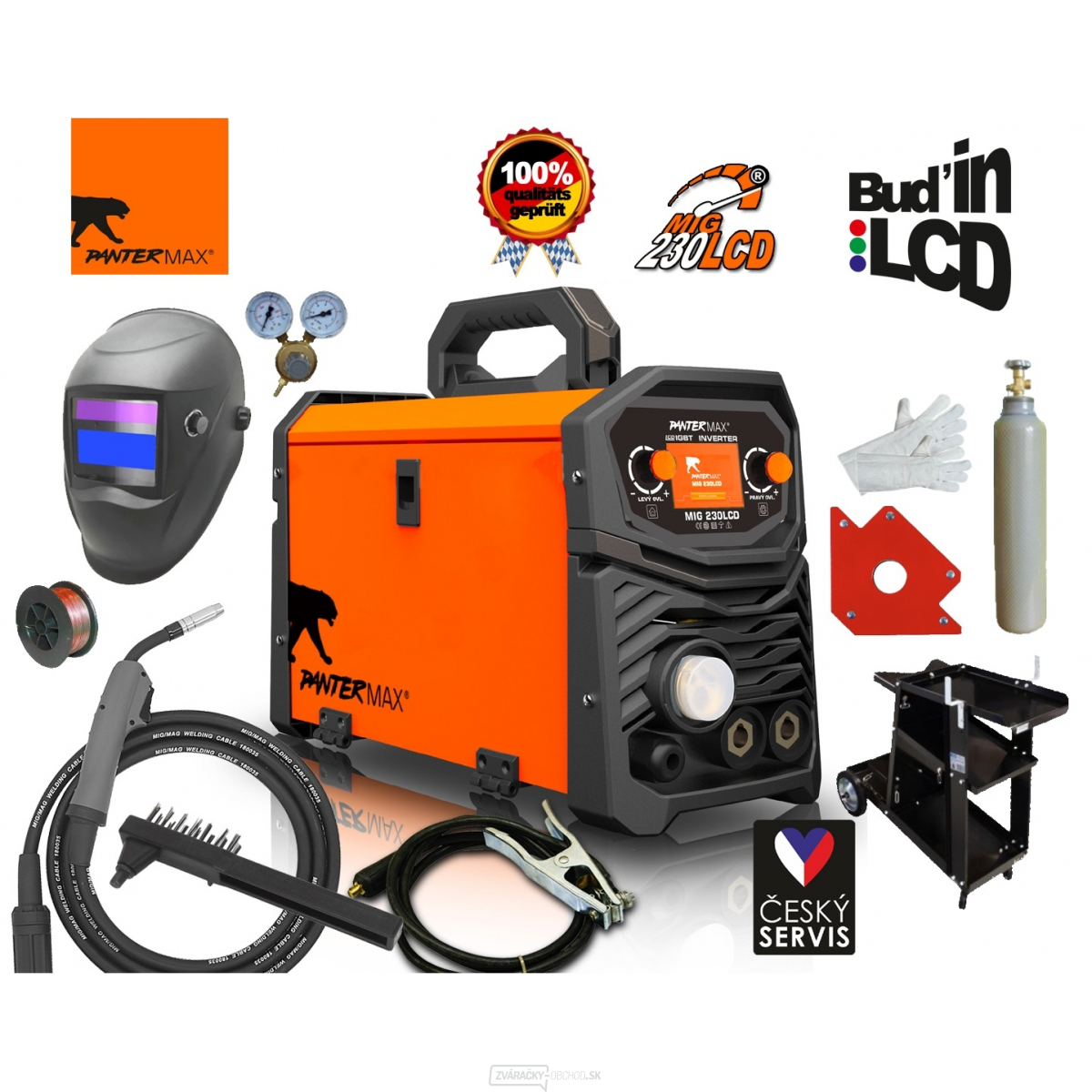 PANTERMAX® MIG230LCD Zvar. invertor MIG/MMA/TIG + Káble + Horák + Kukla + Ventil + Vozík + Drôt + Magnet + plná Fľaša CO2