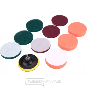 Sada čistiacich/leštiacich výsekov na vŕtačku 10ks, priemer 100mm, 3x3druhy Sada čistiacich/leštiacich výsekov na vŕtačku 10ks, priemer 100mm, 3x3druhy gallery main image