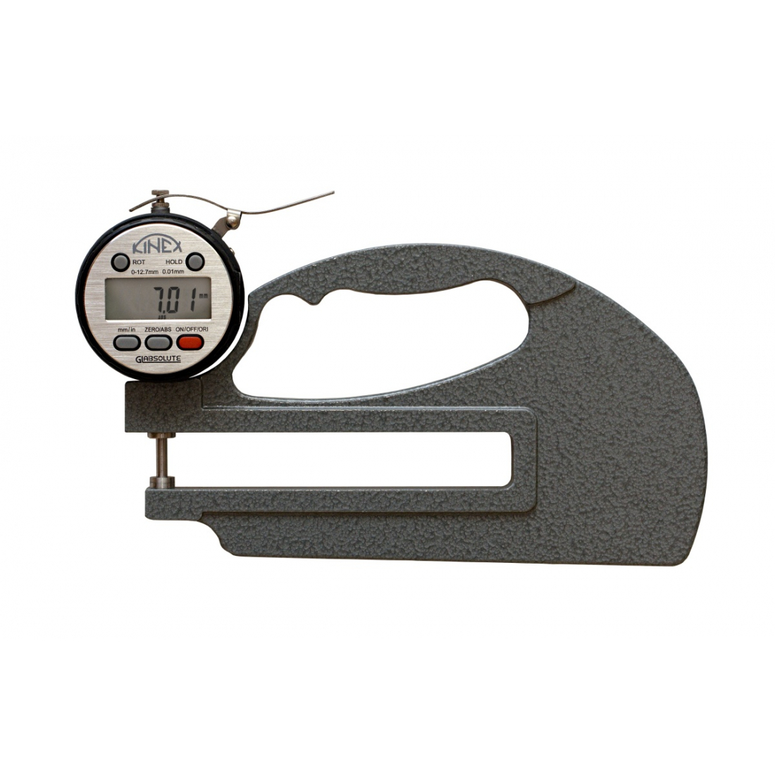 Mikrometrický hrúbkomer digitálny KINEX ABZ 0-10mm, dĺžka ramena 120mm, 0,01mm, DIN 863
