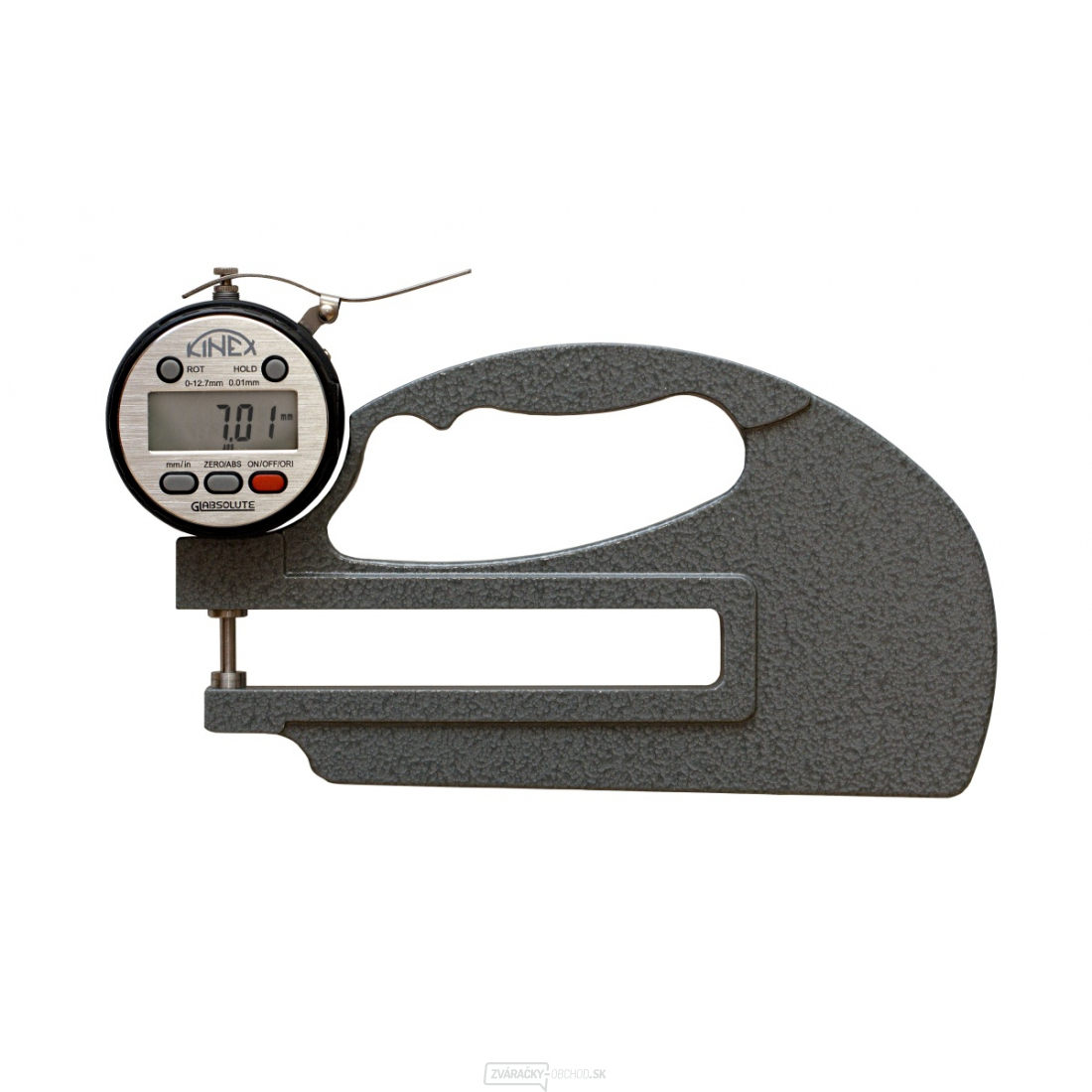 Mikrometrický hrúbkomer digitálny KINEX ABZ 0-10mm, dĺžka ramena 120mm, 0,01mm, DIN 863