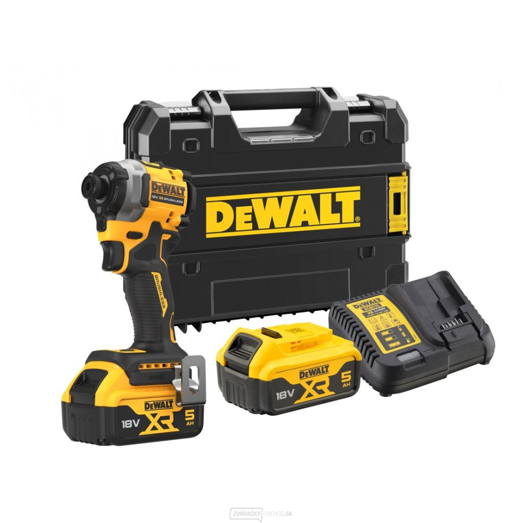 DCF850P2T DEWALT 18V AKU BEZUHLÍKOVÝ RÁZOVÝ UŤAHOVÁK 1/4", 2 X BATÉRIE 5,0 AH, NABÍJAČKA, KUFR T-STAK