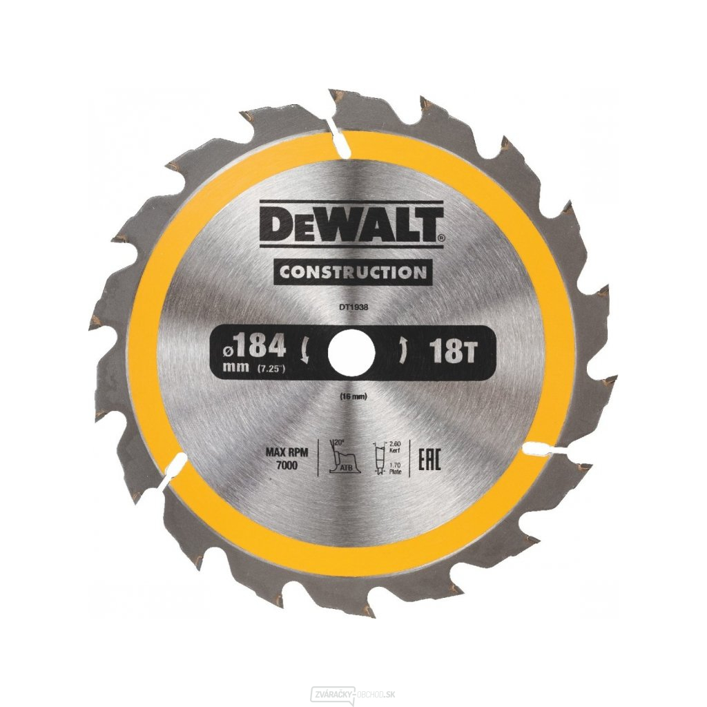 Dewalt pílový kotúč 184x16mm 18 Zubov atb 20° pre rýchly podelný rez