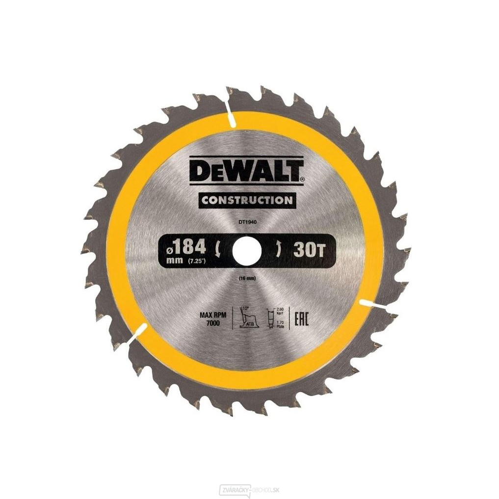 Dewalt Pílový kotúč pre kot. píly 184x16mm 30 zubov ATB 10 ° univerzálny rez šírka 1.7mm Dewalt Pílový kotúč pre kot. píly 184x16mm 30 zubov ATB 10 ° univerzálny rez šírka 1.7mm gallery main image